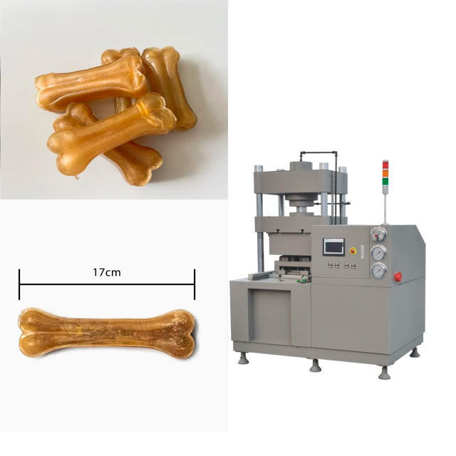 機械、ペット フードのプロセス用機器を作る軽食の犬用の骨をかみ砕いている犬
